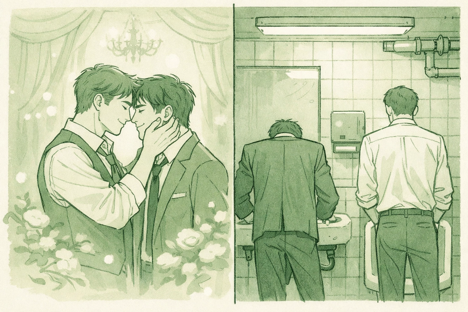 Split view contrasting romantic fantasy versus harsh bathroom reality in MM corporate romance