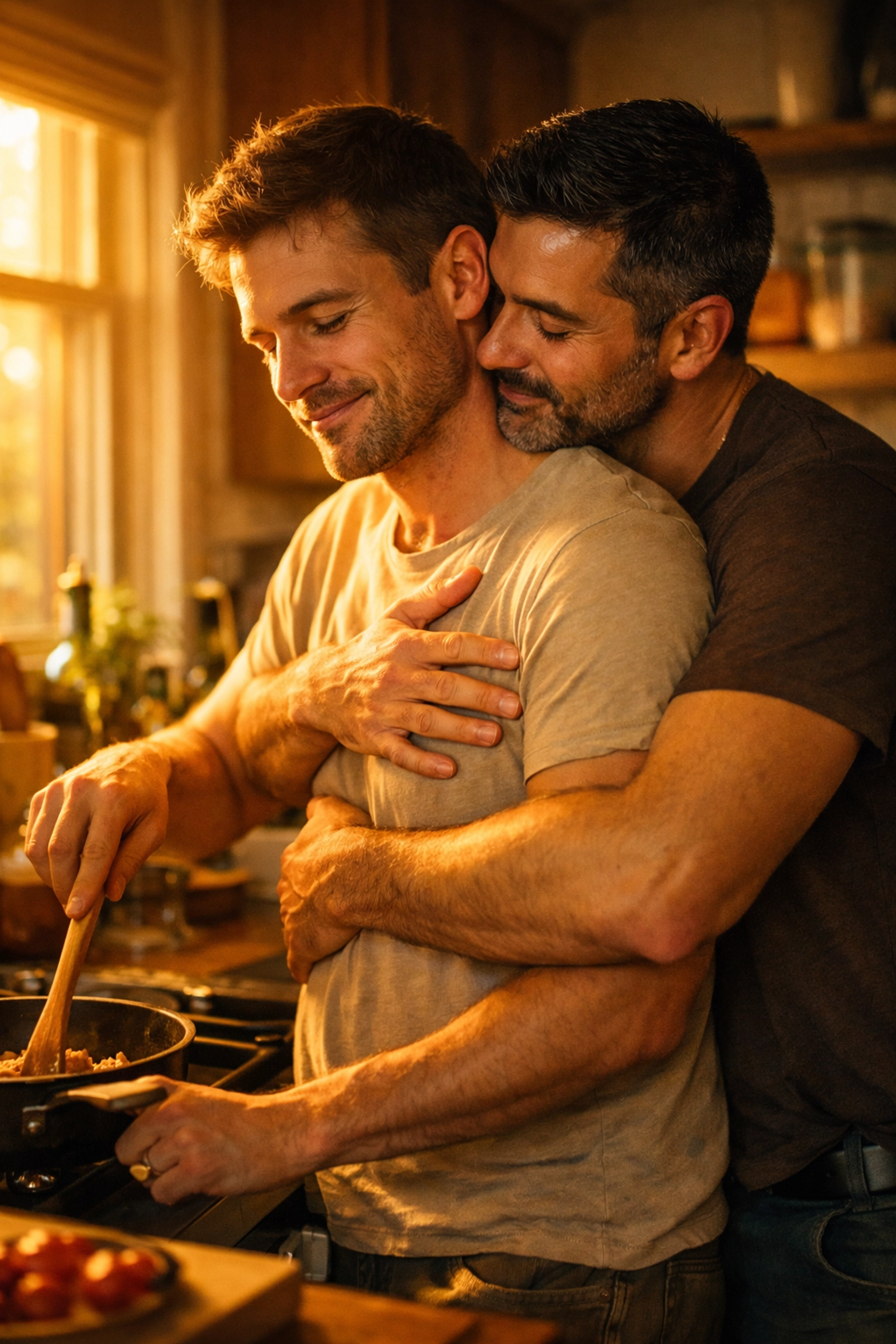 Gay couple in golden kitchen moment - authentic MM intimacy and relief at home