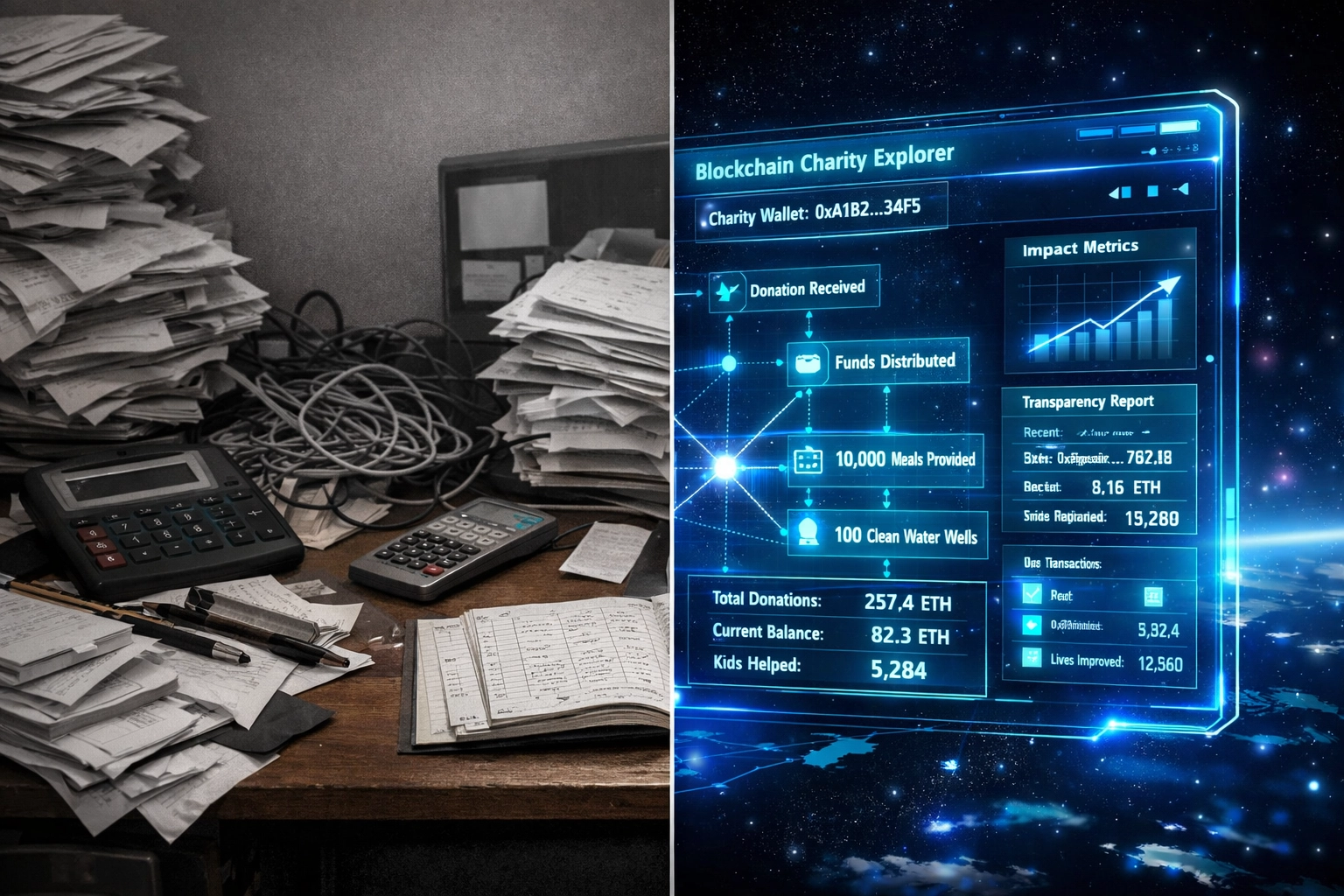 Traditional charity paperwork vs blockchain transparency tracking showing real-time impact