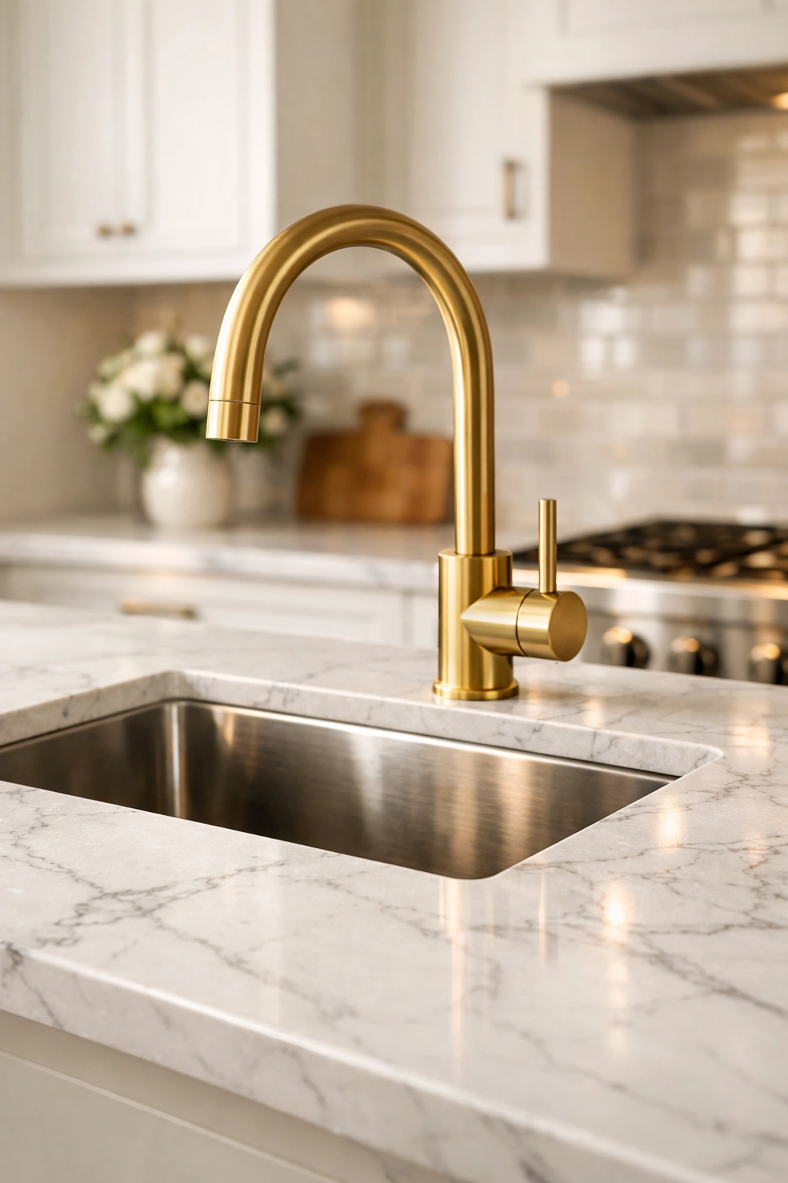 White quartz countertops and brushed gold faucet in a designer kitchen renovation.