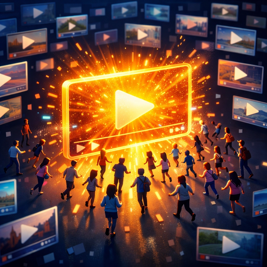 A glowing digital video thumbnail attracting viewers, illustrating high YouTube click-through rate.