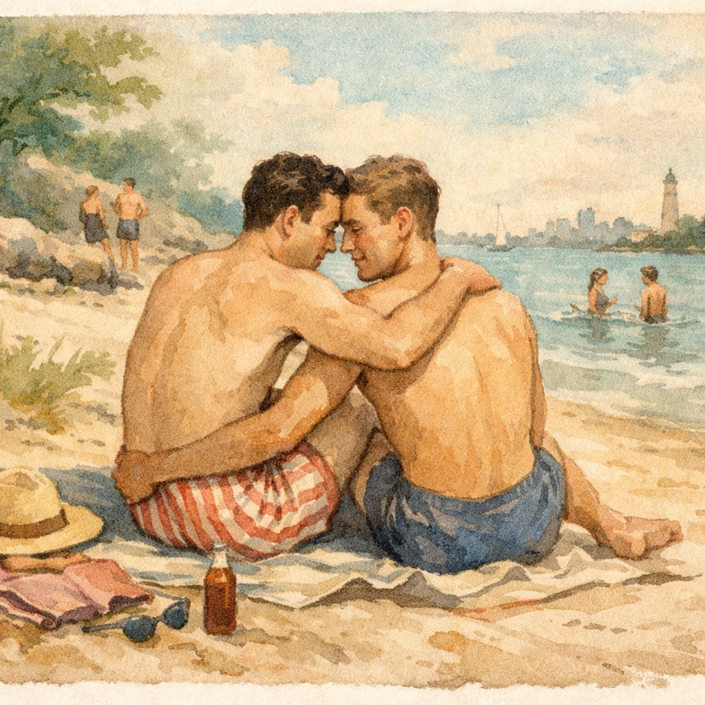 Historical illustration of gay couple at Hanlan's Point Beach 1950s Toronto queer history