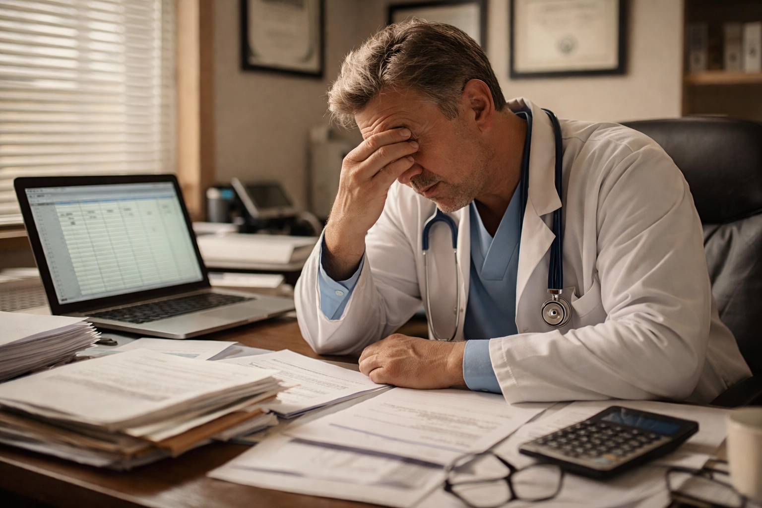 Stressed healthcare practice owner at cluttered desk facing cash flow challenges from delayed reimbursements