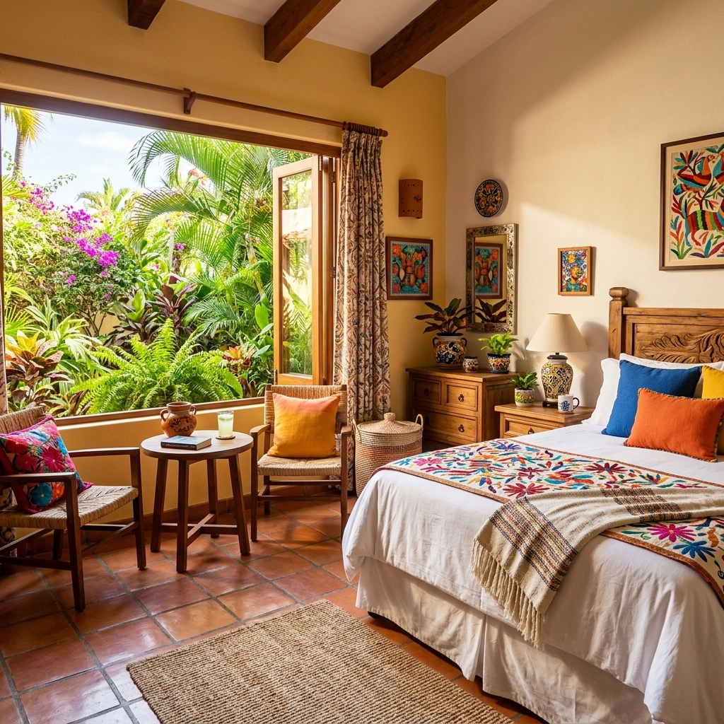 Cozy one-bedroom condo interior with modern Mexican decor