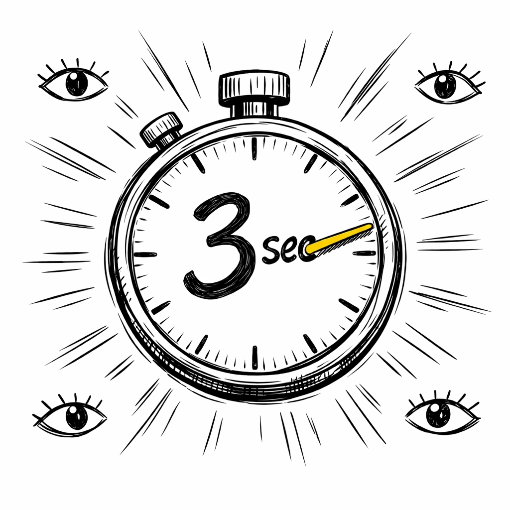 Stopwatch illustrating the critical 3-second window for capturing viewer attention in short-form video