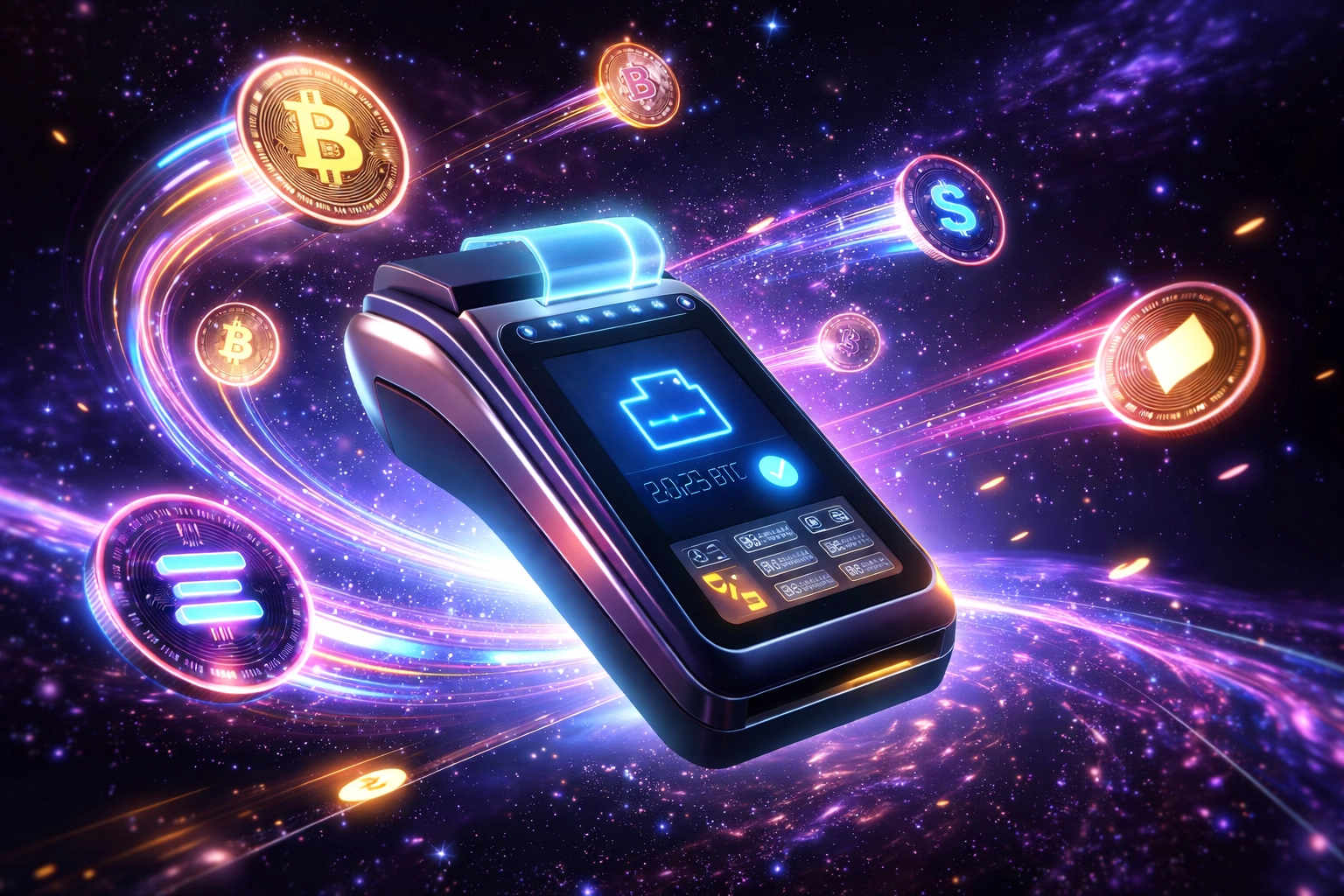 Futuristic crypto payment terminal with digital wallet showing self-custody merchant payment solutions