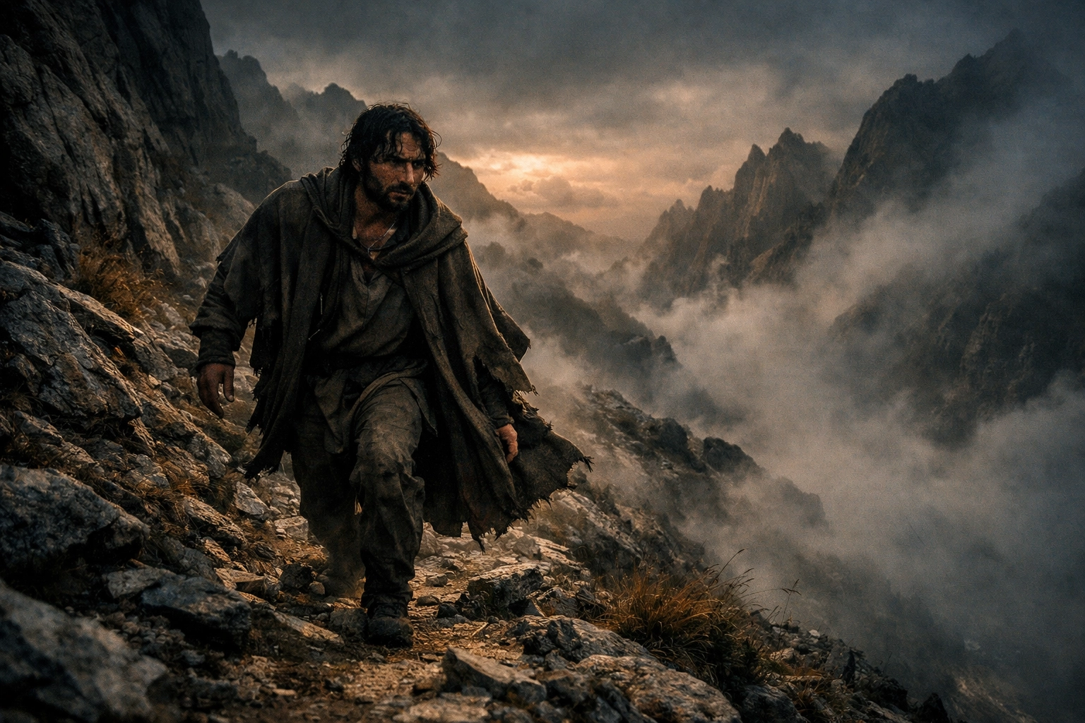 Cinematic, moody shot of a man navigating a rugged, shadowed mountain path at dusk—echoing Jesus moving through hostile territory