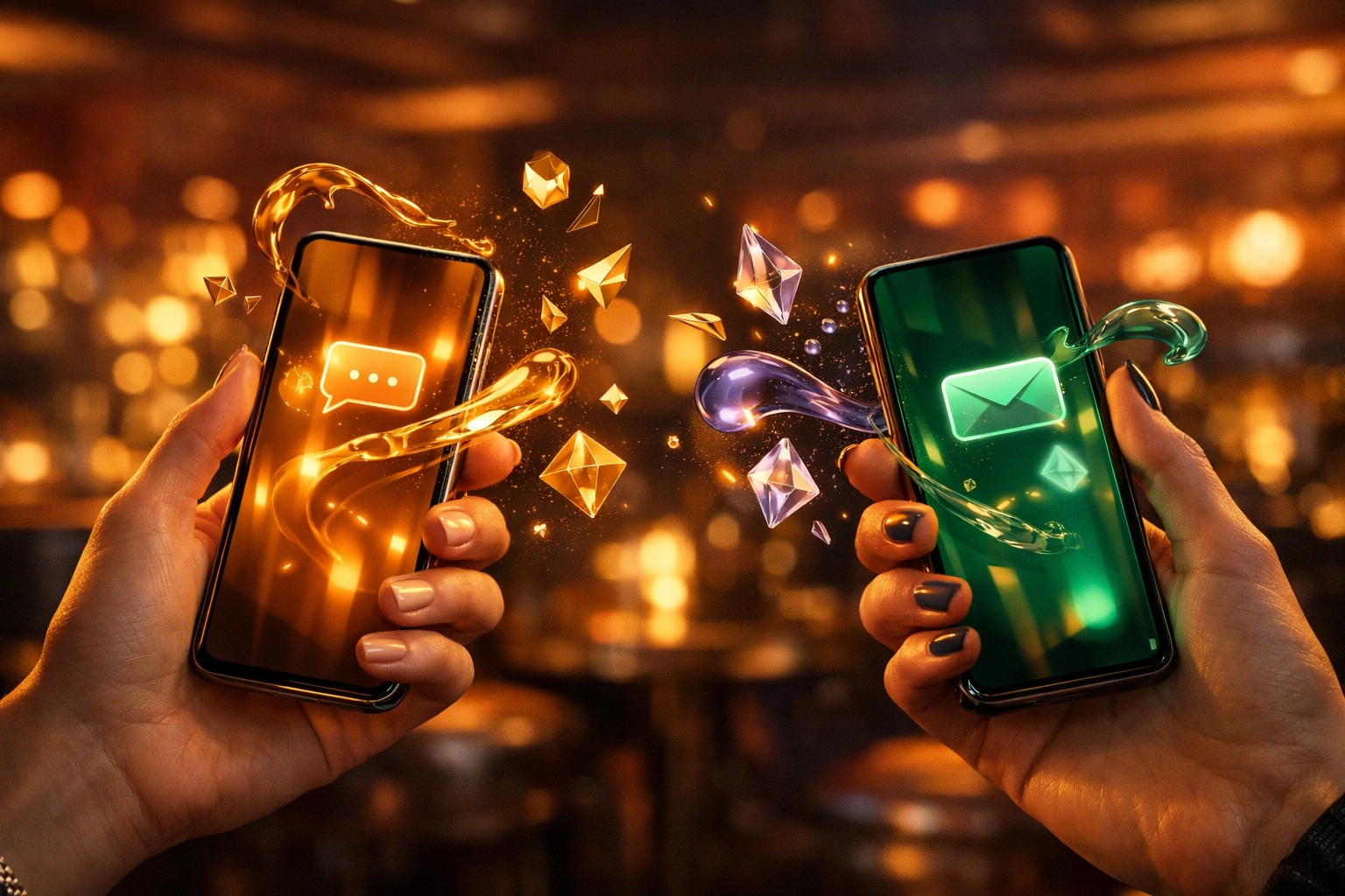 Two people texting on smartphones in a neon lounge, establishing consent and digital chemistry.