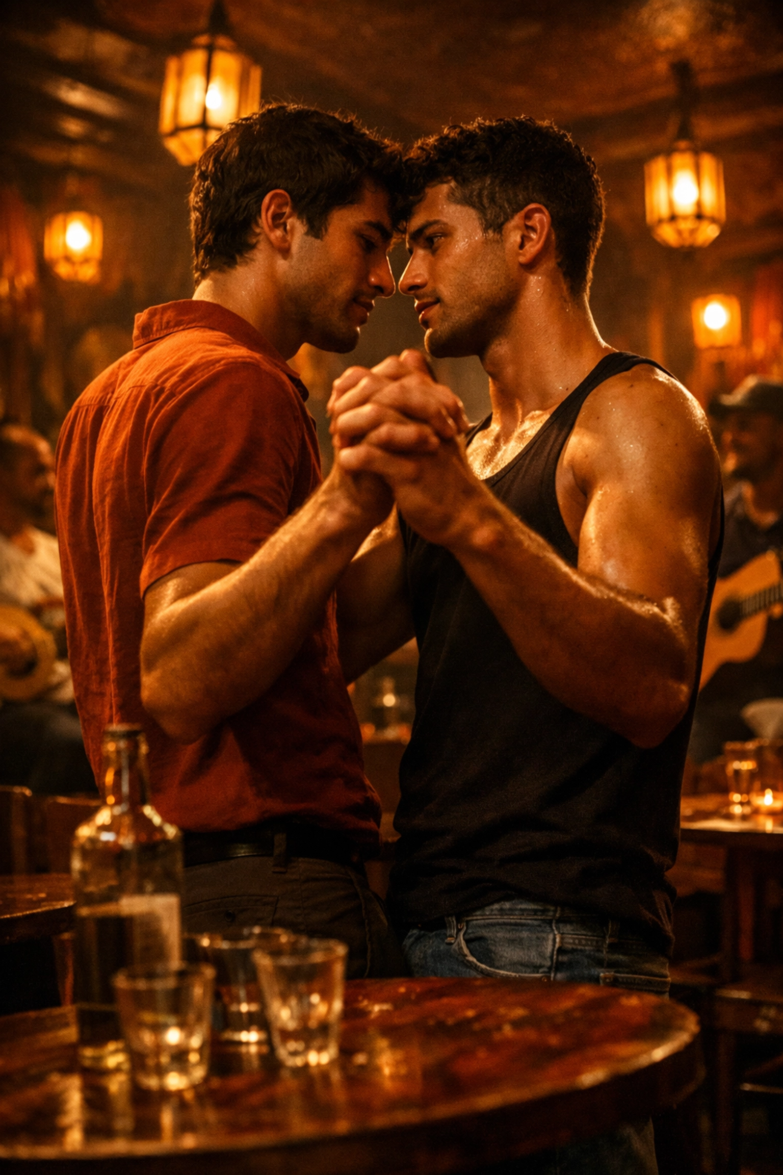Gay couple dancing in intimate Lapa samba club Rio de Janeiro