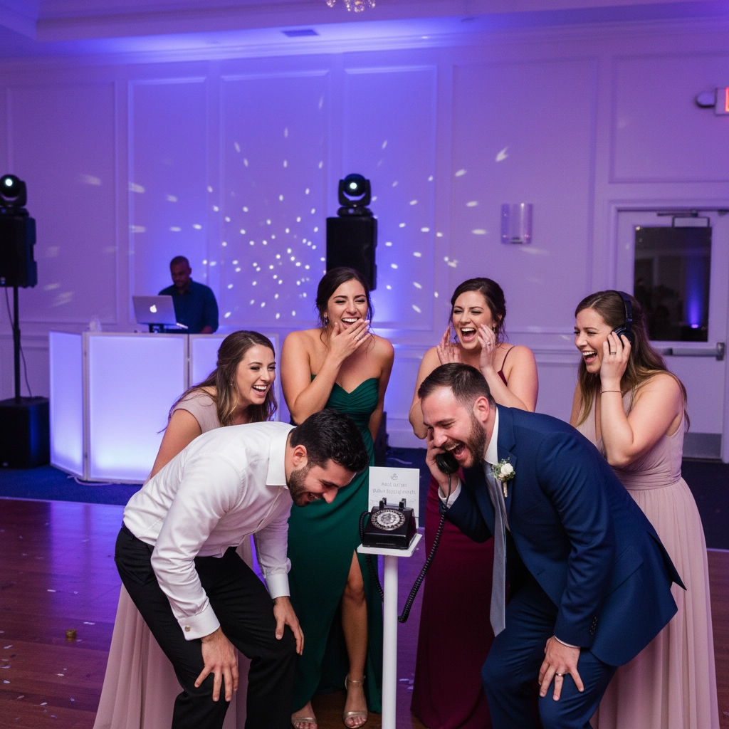 Guests in formal attire laugh around a vintage phone at an event. DJ and lights create a festive atmosphere in a purple-lit room.