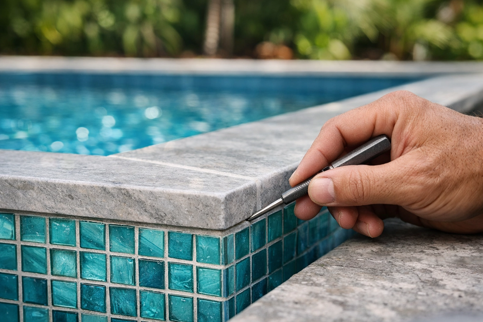 Professional pool tile and travertine coping installation during a luxury remodel in Broward County.