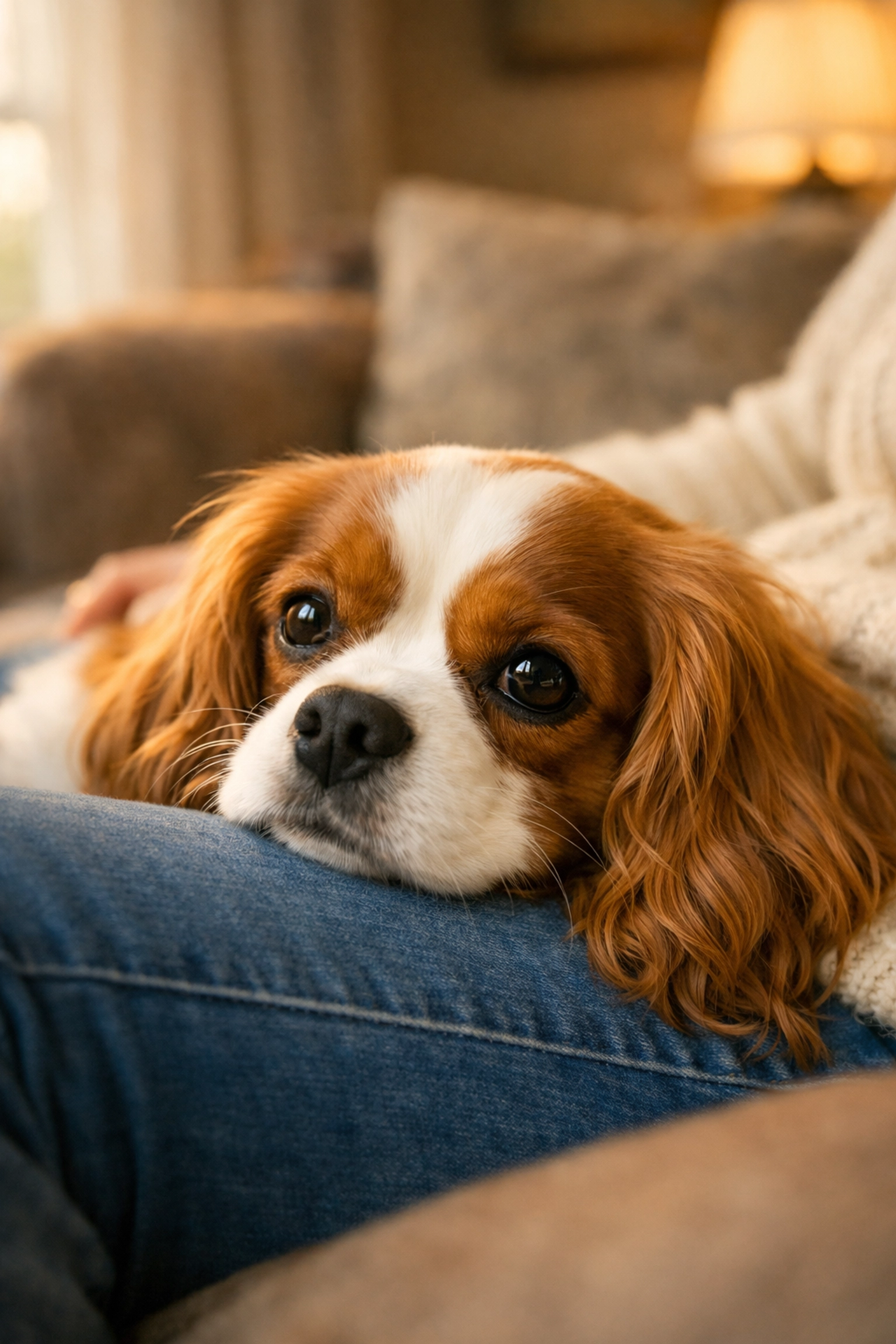 Therapy-quality Blenheim Cavalier King Charles Spaniel resting its head on a lap, displaying an empathetic temperament.