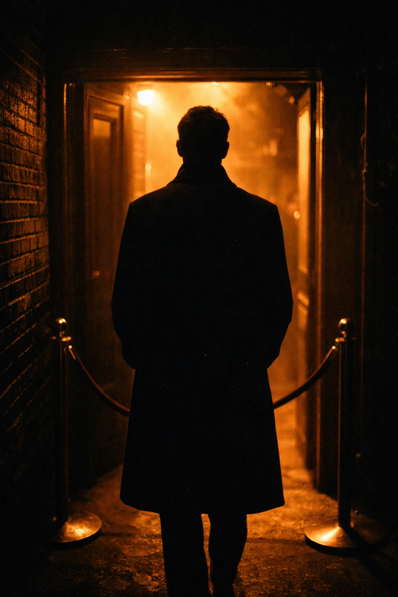 Anonymous figure stands at the private club entrance, hinting at exclusive local orgy access and group sex parties.