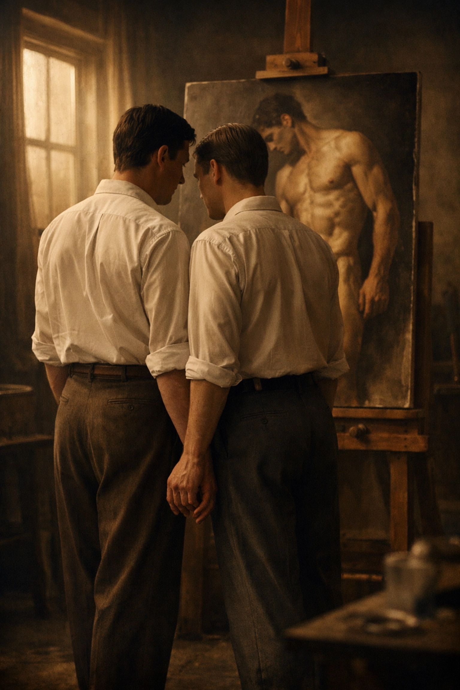 Two men in a 1950s art studio looking at a male nude painting, representing hidden LGBTQ+ history.
