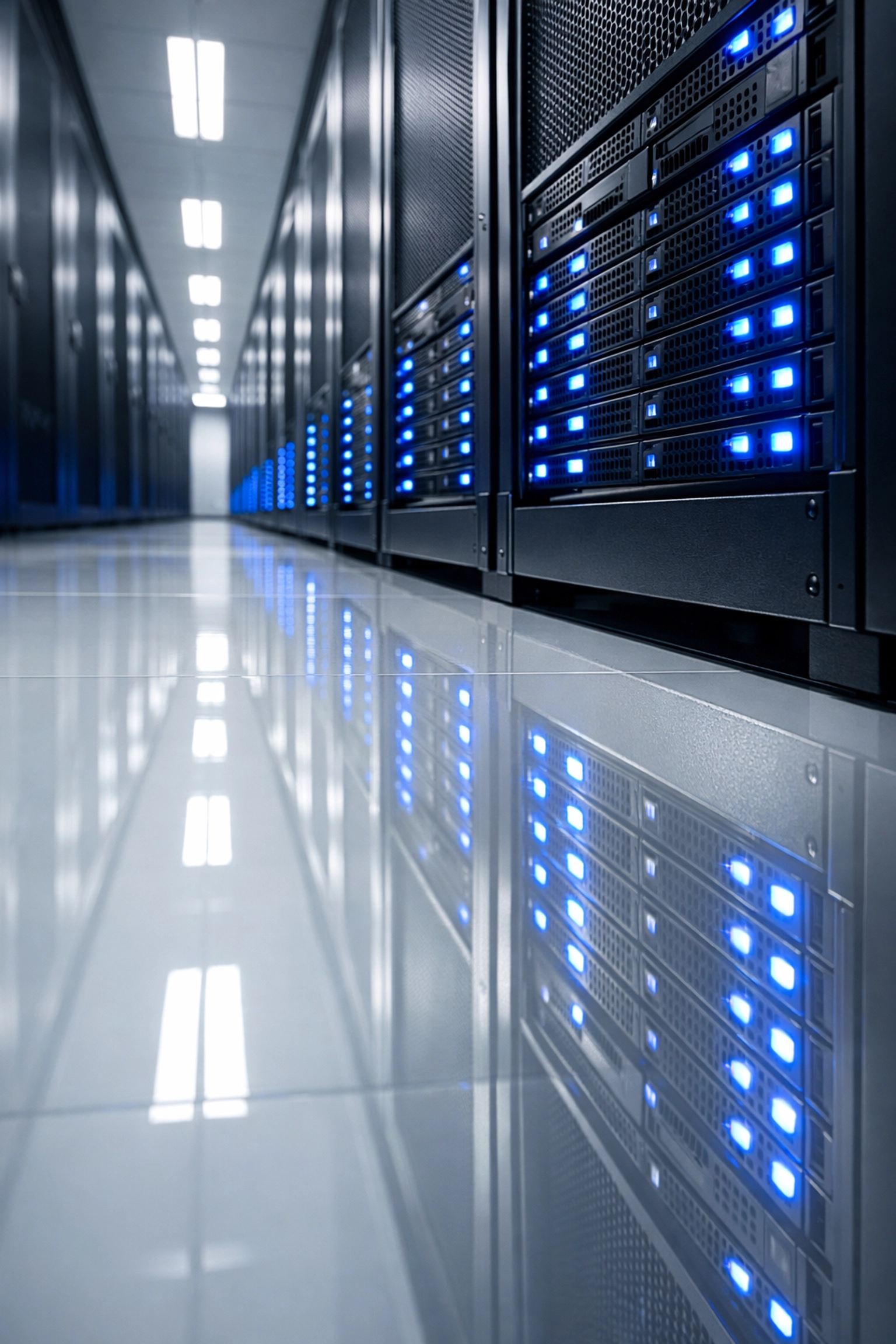 Spotless and polished white data center floor reflecting blue server status lights and clean racks.