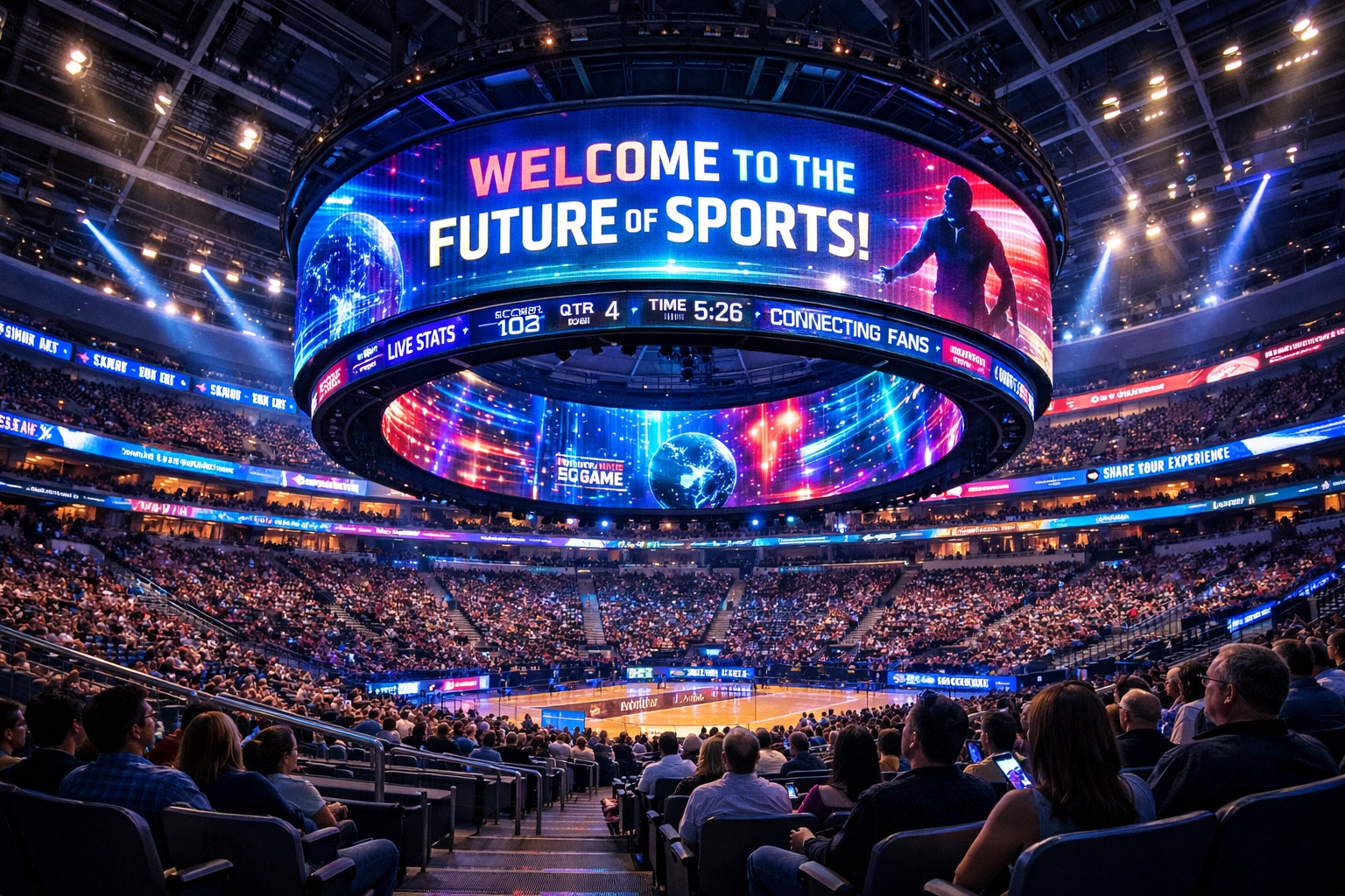 Modern sports arena featuring smart venue technology with digital jumbotron displays