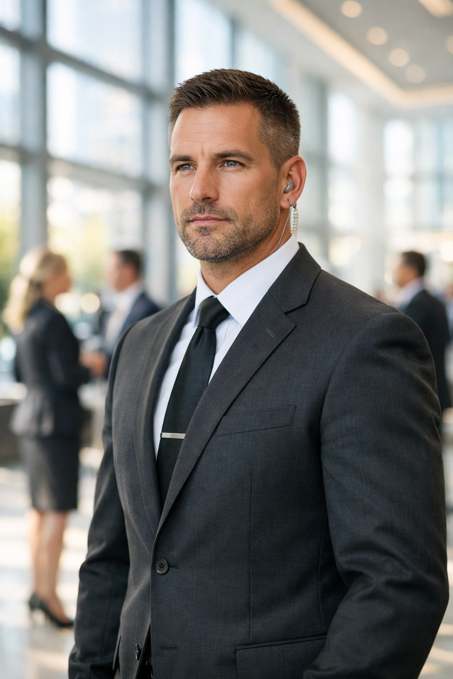 Professional VIP security guard in a suit providing discreet protection for executive hospitality.