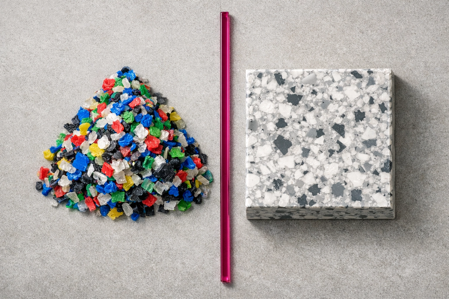 Transition from raw plastic waste to durable recycled plastic panels, a sustainable construction material in Australia.