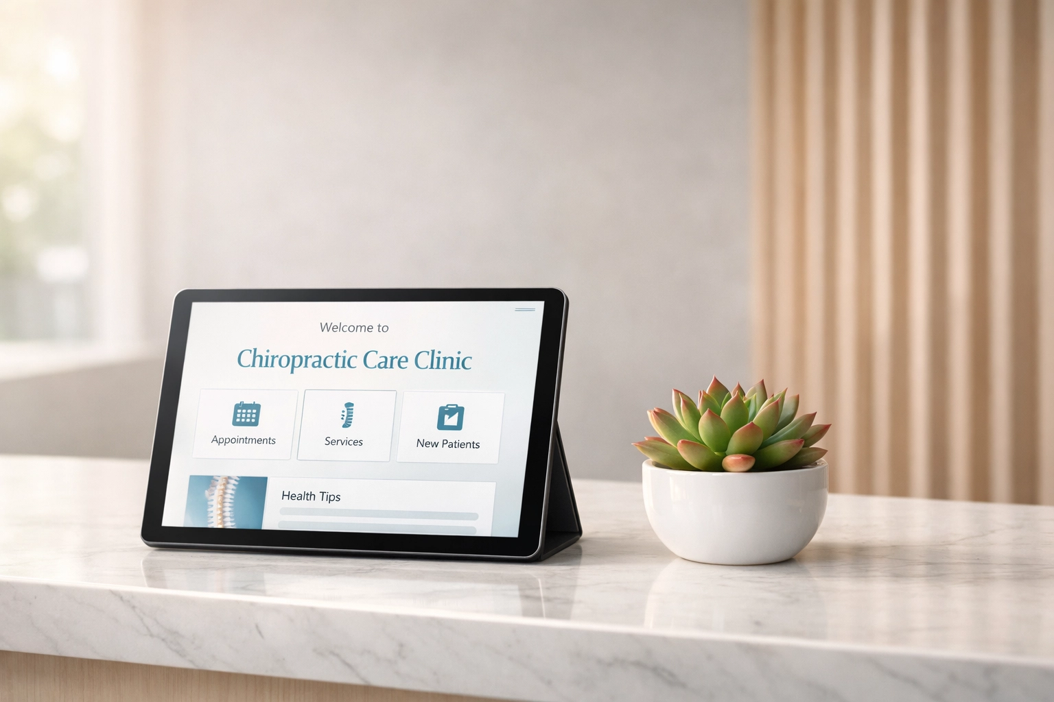 A professional chiropractic clinic reception desk showing a tablet for managing patient reviews.