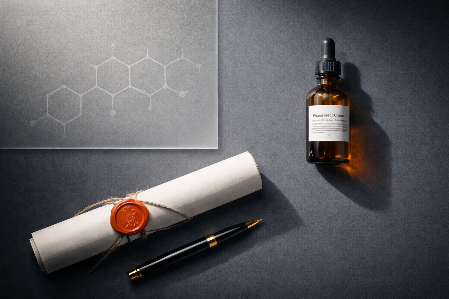 Pharmaceutical ingredient bottle with certification document and molecular diagram representing regulatory compliance in sourcing