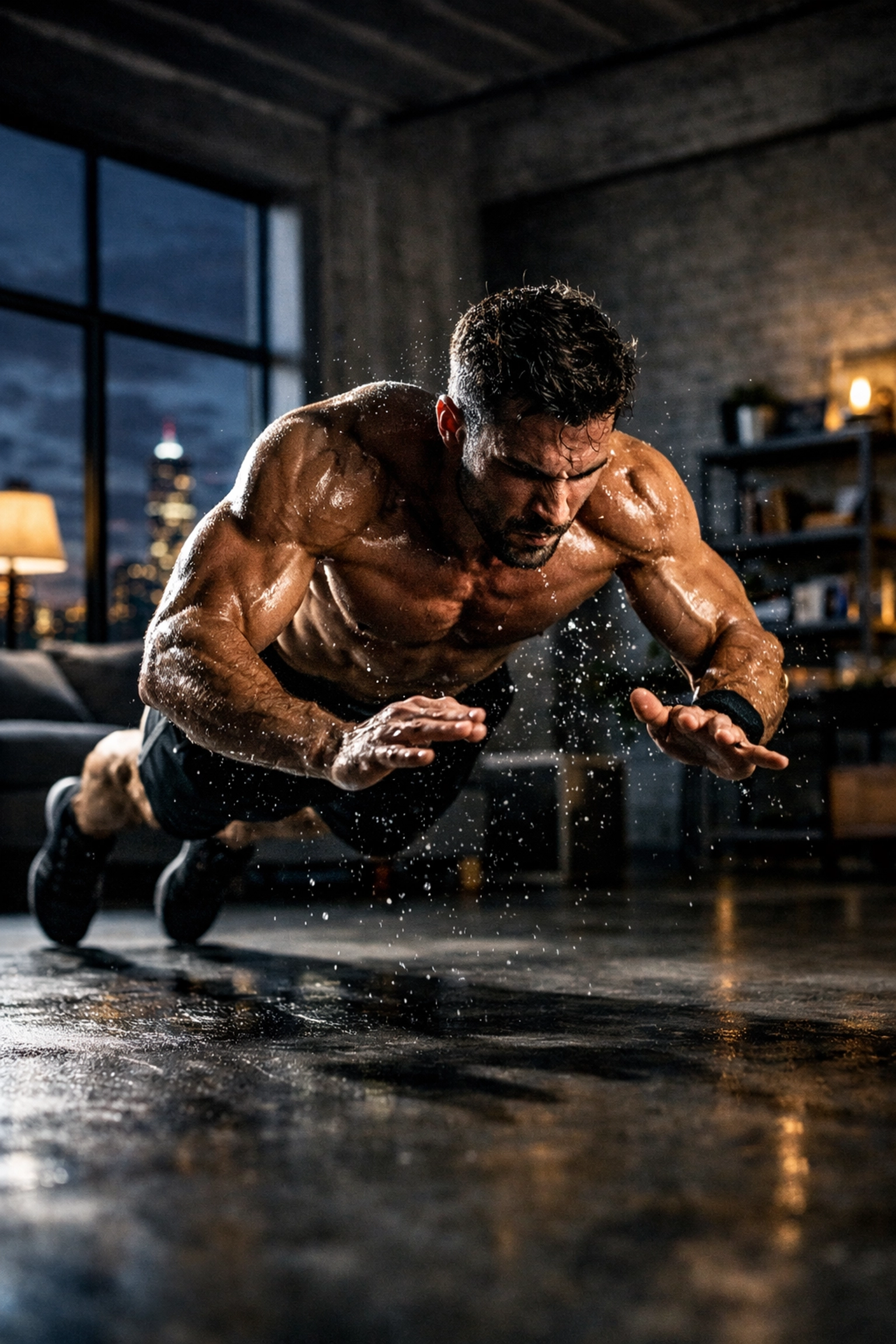Athlete performing explosive resistance training push-ups in a versatile home gym setup.