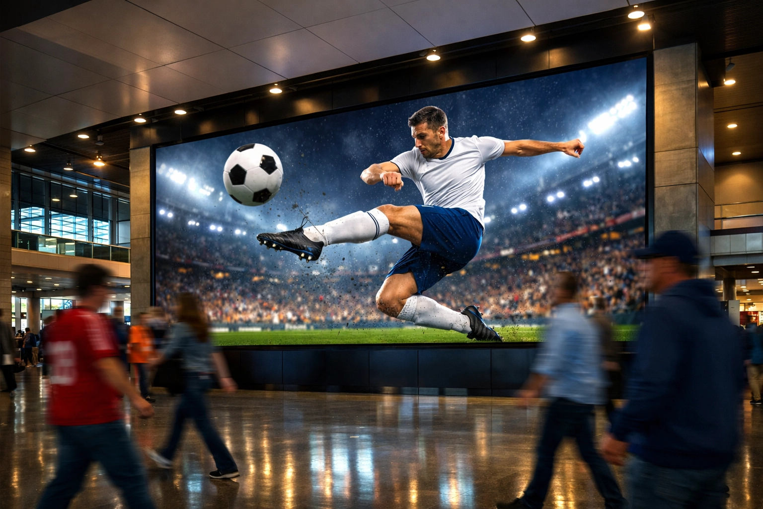 Large digital advertising display in a high-traffic professional sports stadium concourse.