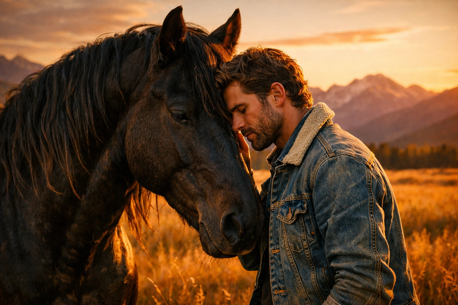A gay man and his stallion in a golden meadow, symbolizing the liberation found in modern gay romance novels.
