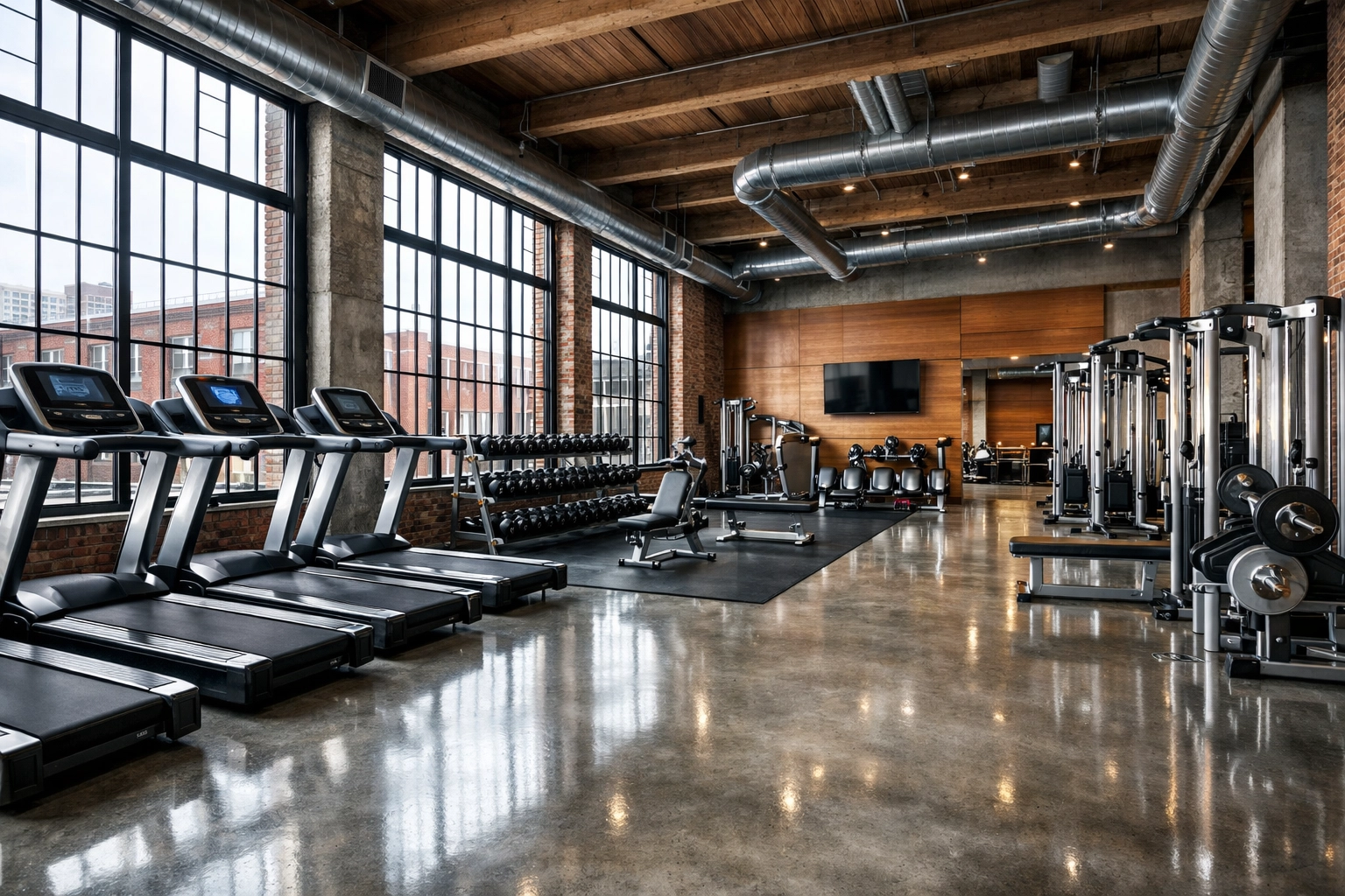 Pristine gym equipment and polished floors in a professionally cleaned Detroit residential complex.