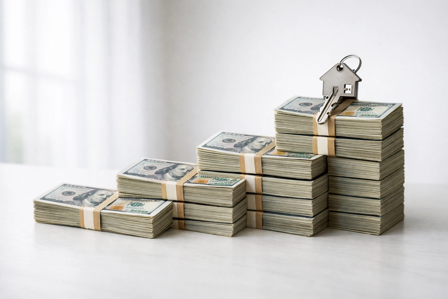 Stacked money with house keys representing financial savings from hiring a Houston realtor
