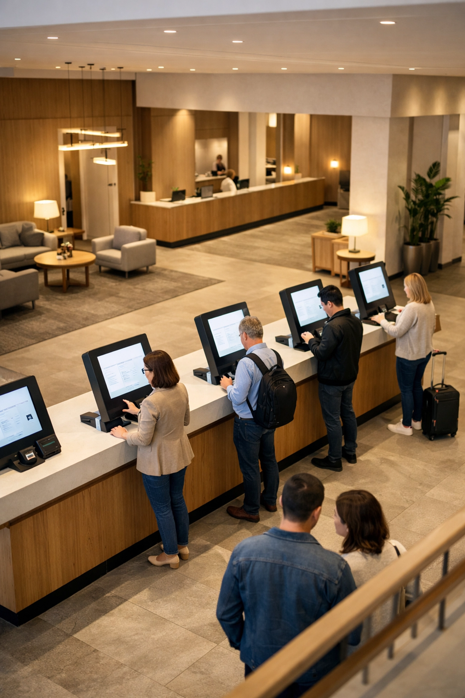 Modern hotel lobby with self-check-in kiosks integrated with cloud-native technology