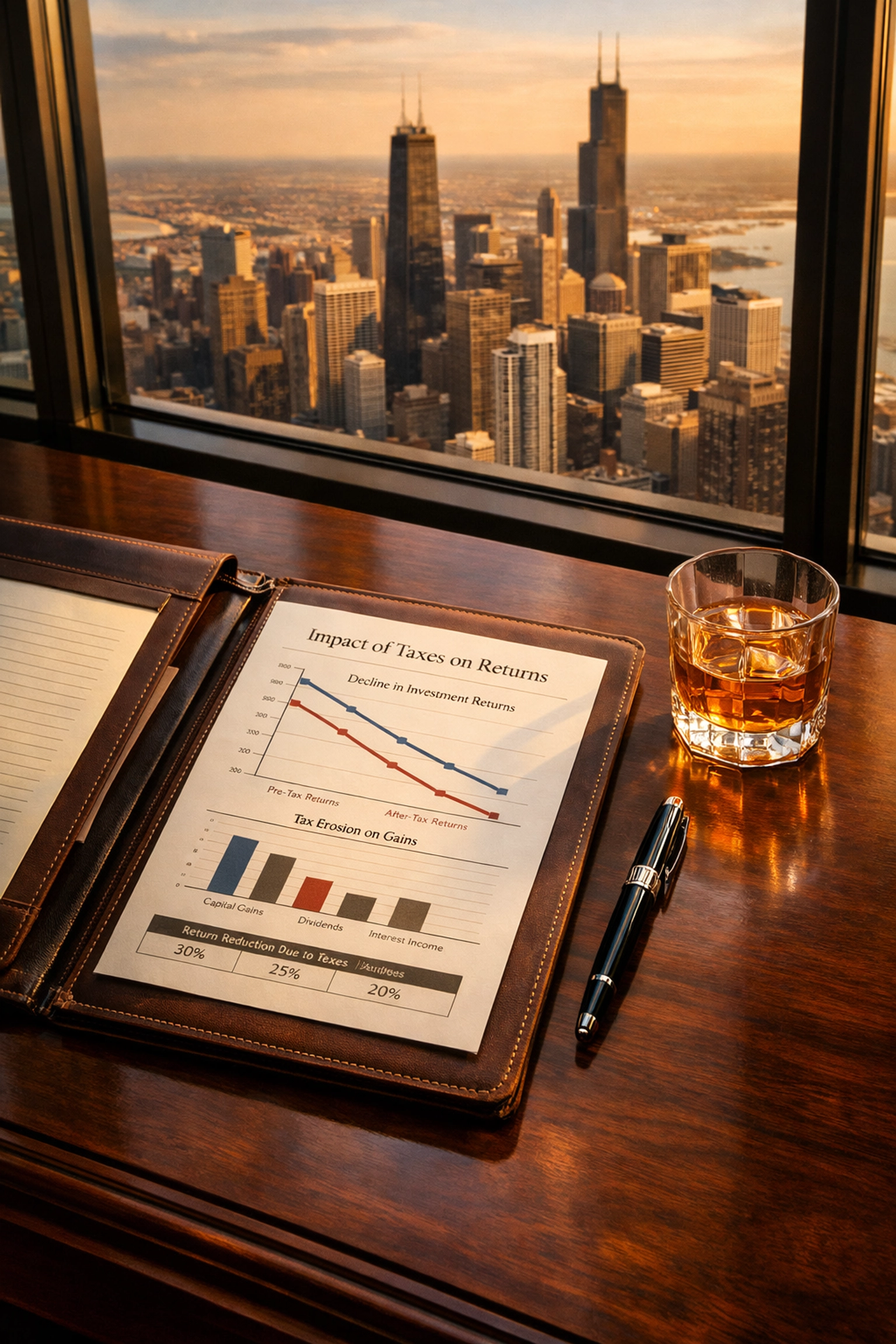 Financial charts showing tax impact on investment returns with Chicago skyline view