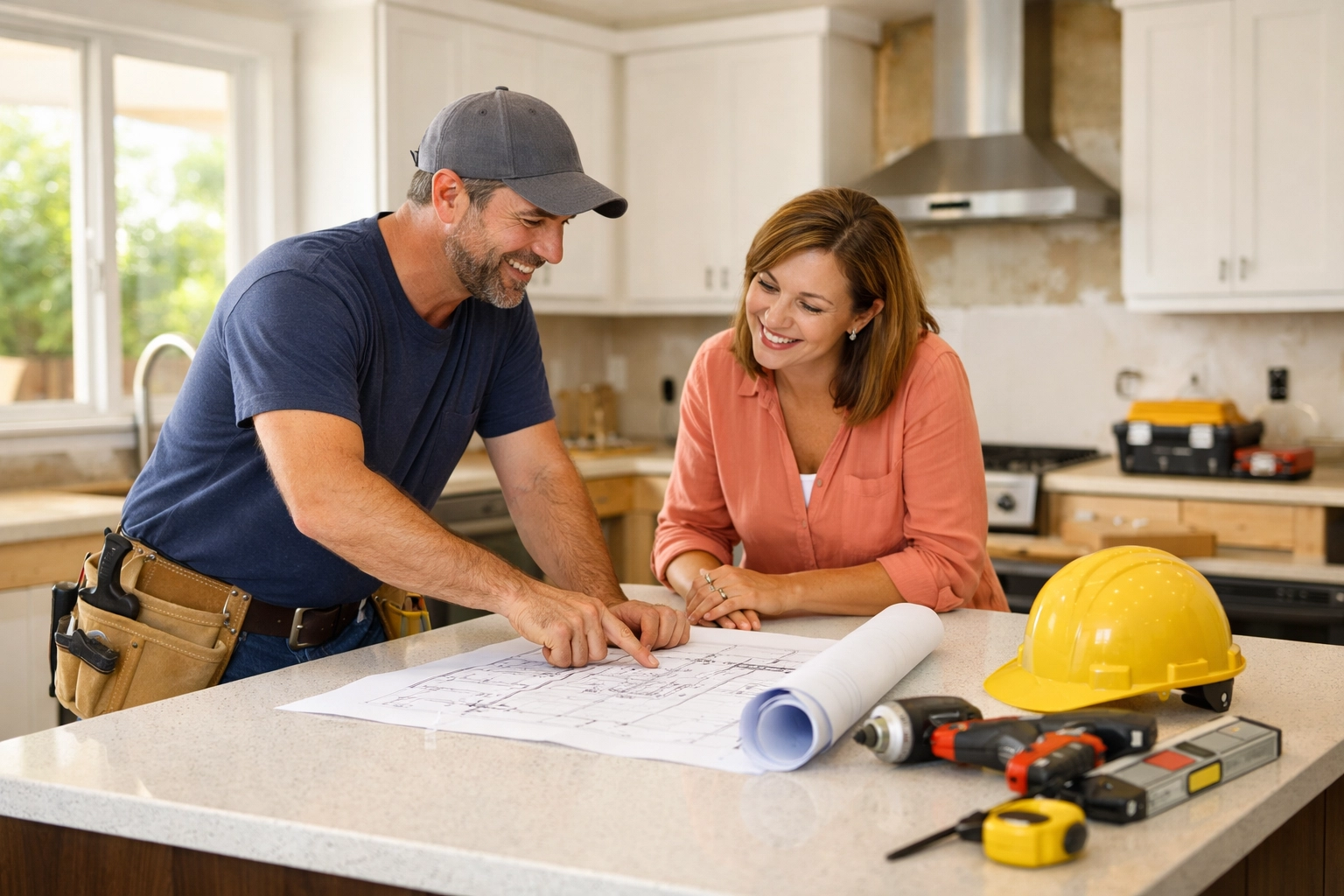 Orlando contractor consulting with homeowner over kitchen remodeling plans and blueprints