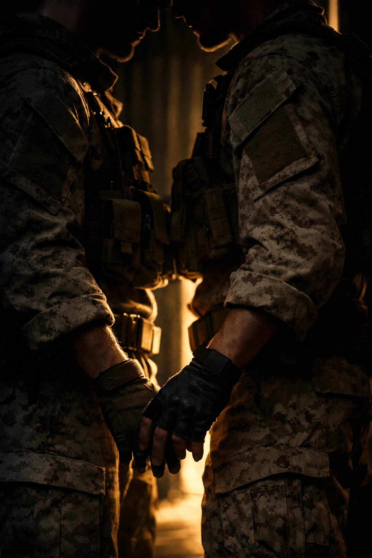 Two gay male soldiers in camouflage uniforms share a secret, tender touch in a military hangar.