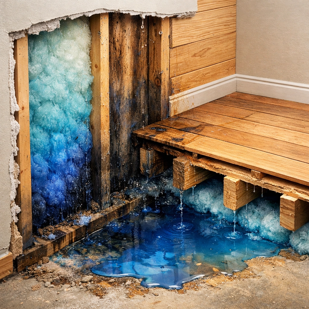 Hidden water damage behind walls and under floors showing moisture in home structure