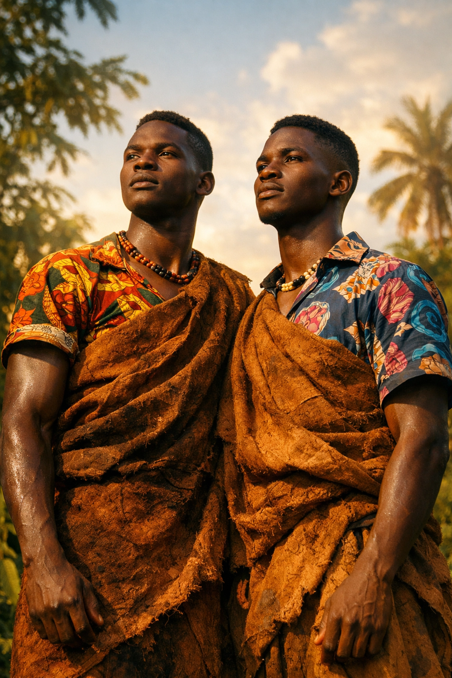 Resilient Ugandan men standing together, honoring African queer history and the strength of the Kuchu community.