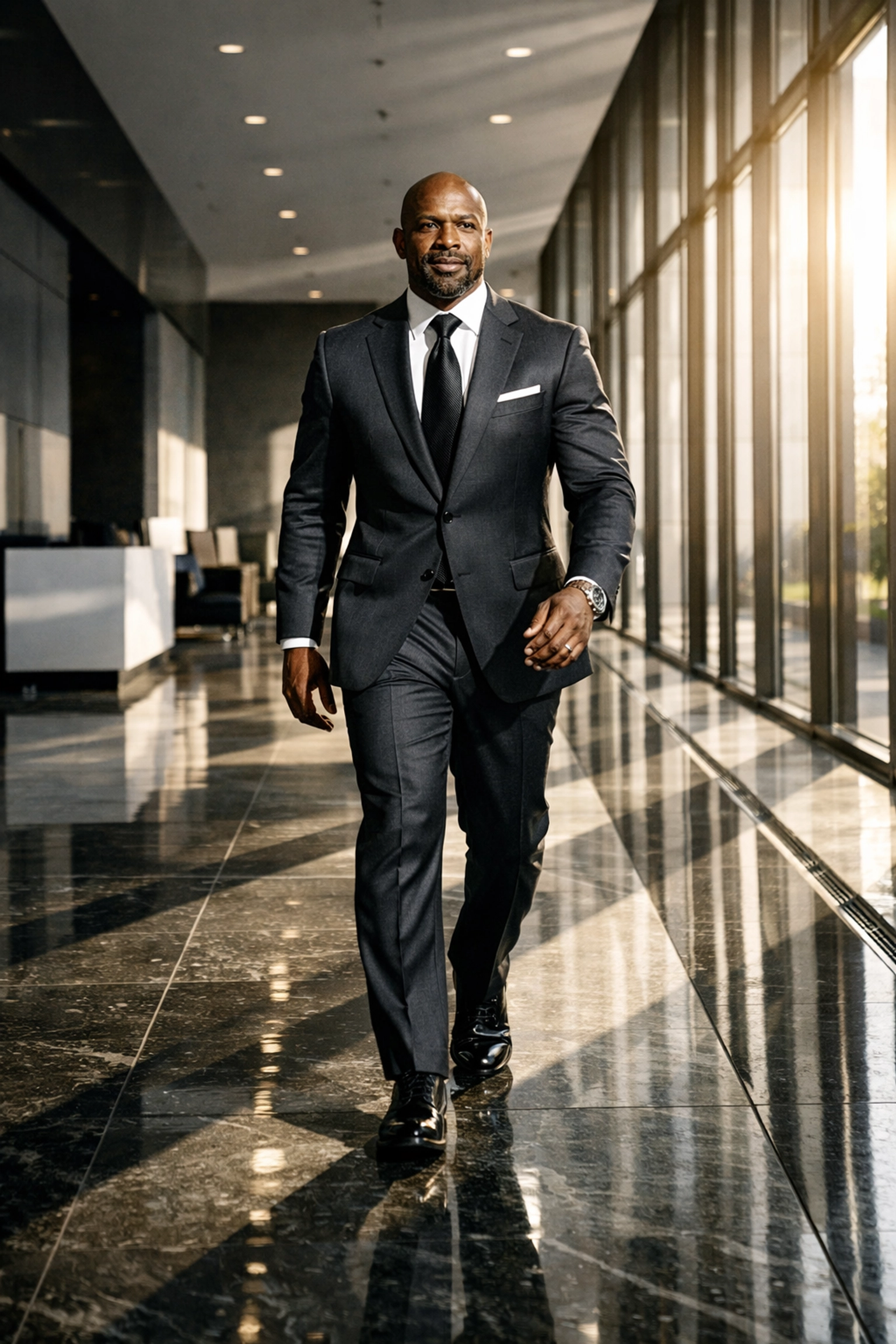 Professional athlete in a business suit transitioning to a corporate career beyond the sports arena.