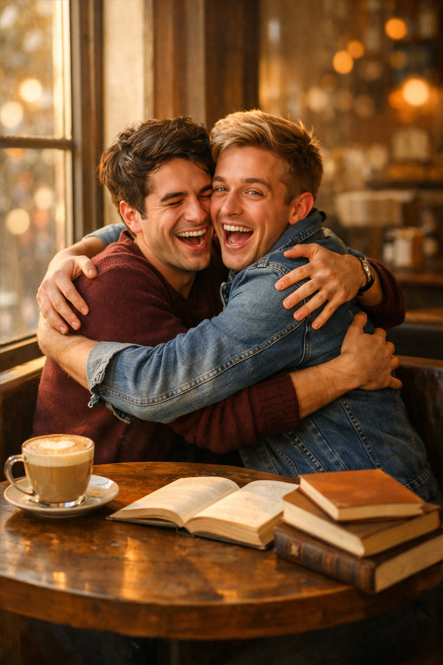 Gay couple reuniting with surprise embrace at coffee shop on Valentine's Day