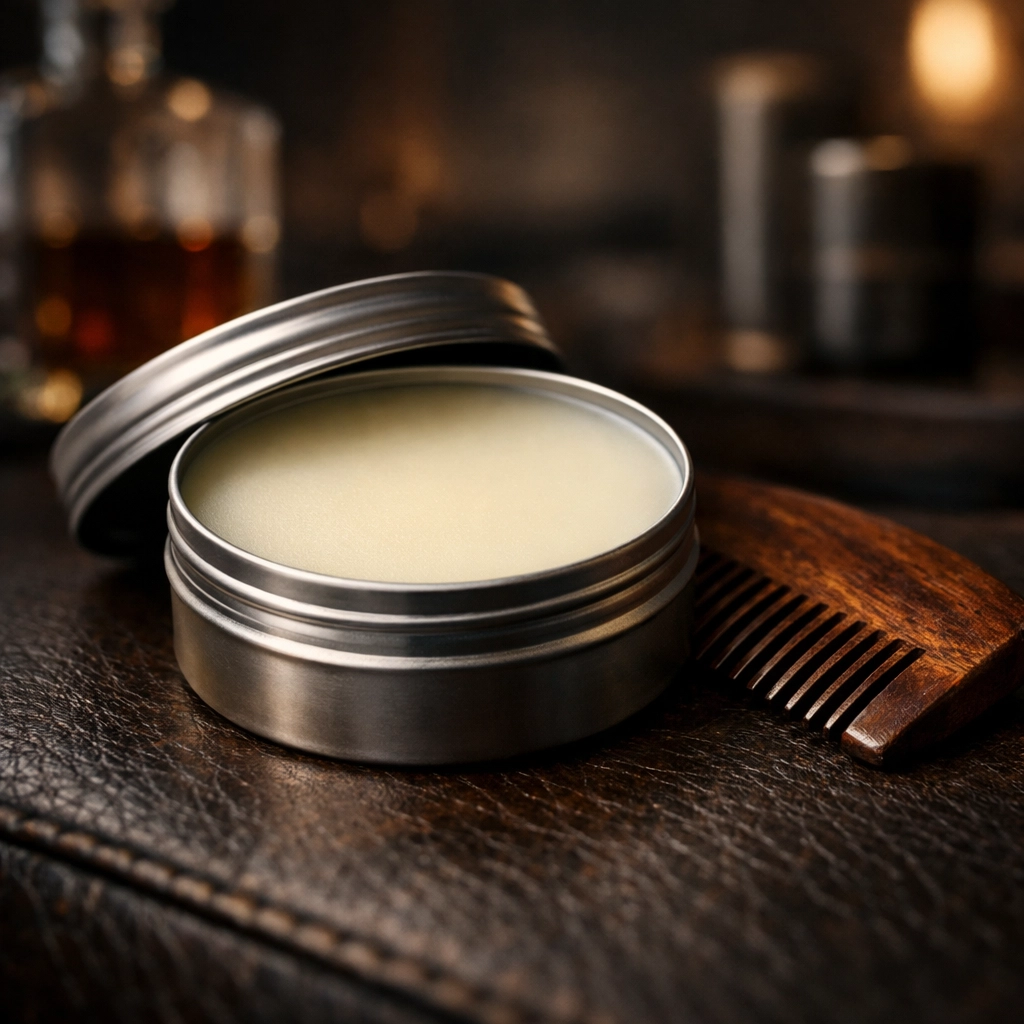 A tin of The Bearded Mack beard wax and a wooden comb for high-performance facial hair styling.