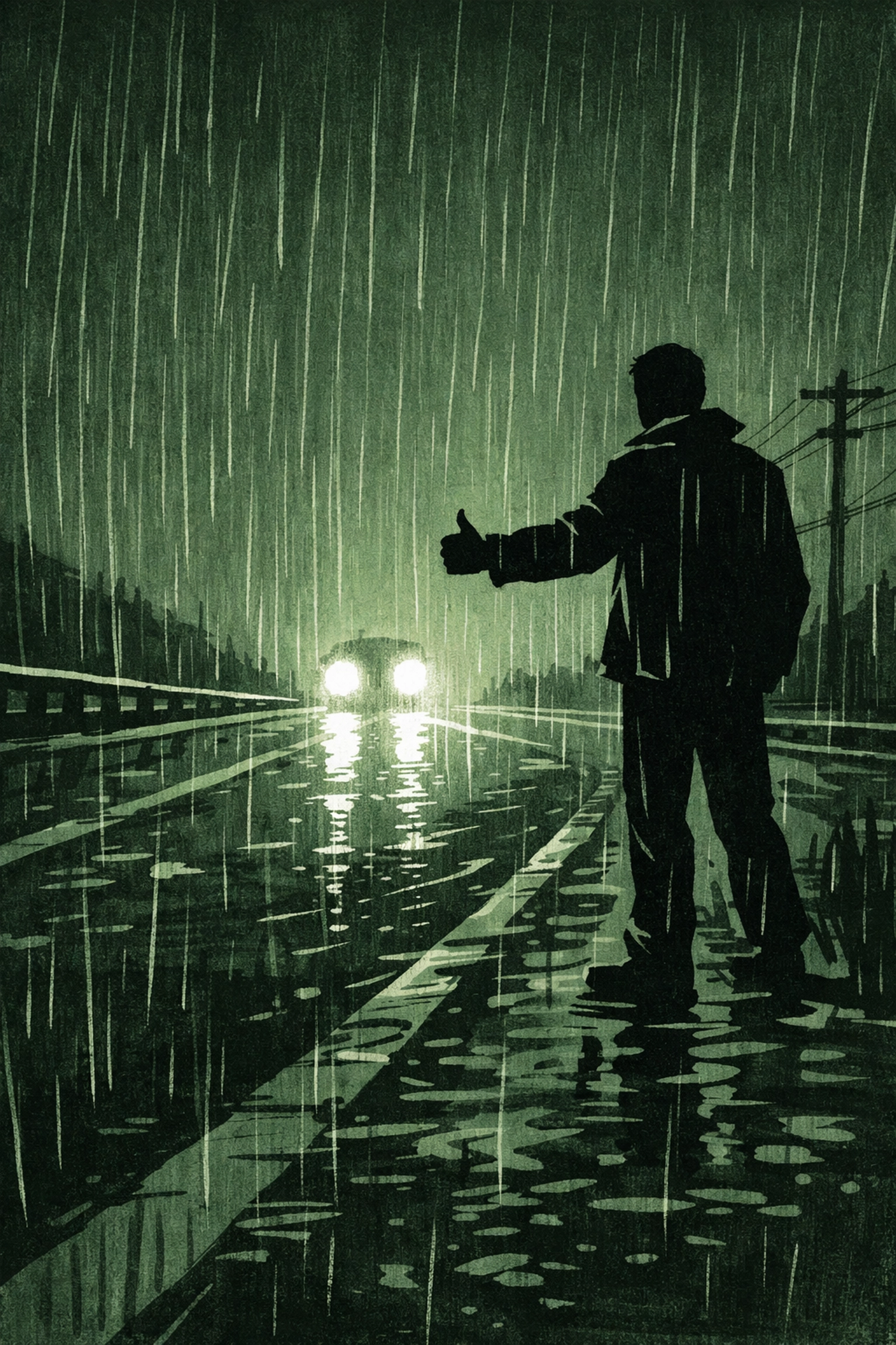 Hitchhiker on rainy highway at night - LGBTQ+ thriller and suspense fiction