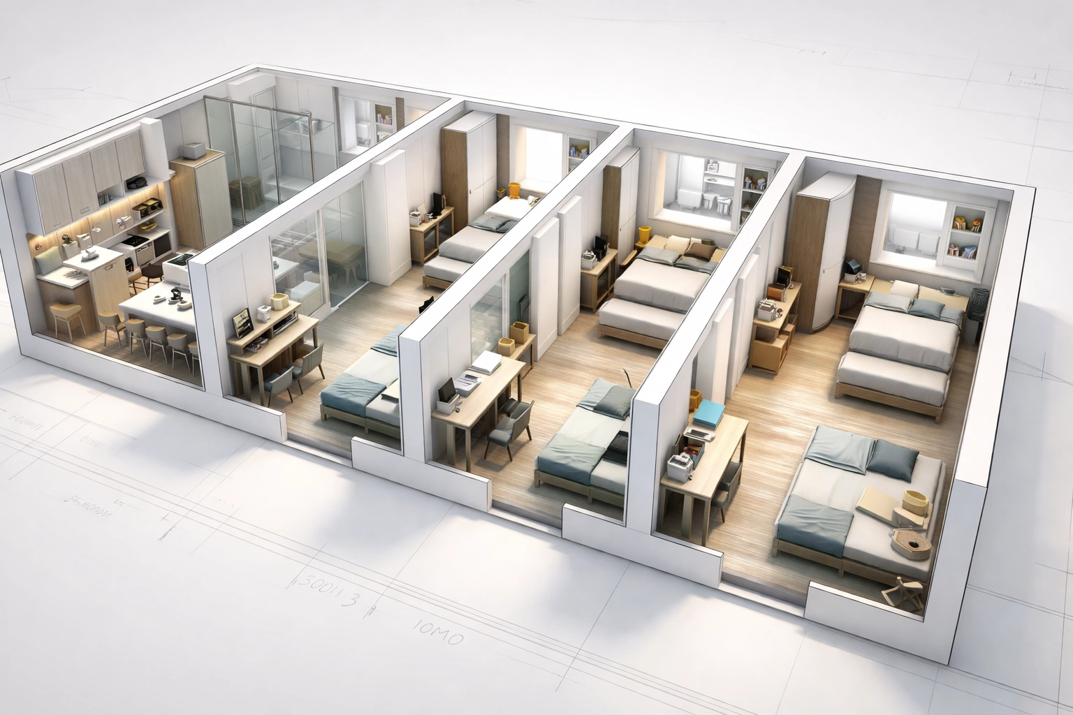 Interior cross-section of a modern HMO property in Oldham with individual bedrooms and communal kitchen, illustrating efficient shared accommodation.