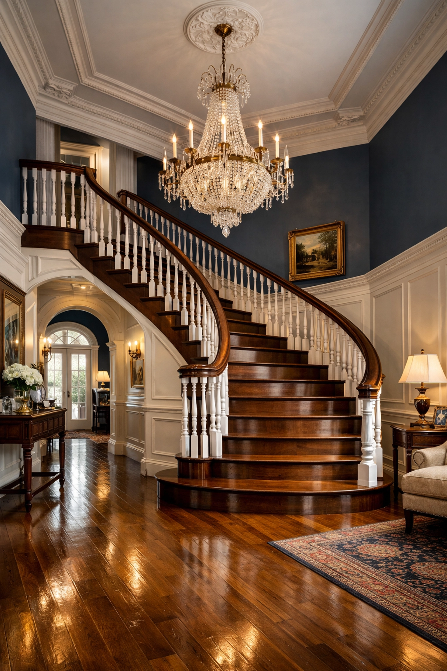 A pristine historic foyer in Hamilton showcasing polished wood floors and a crystal chandelier.