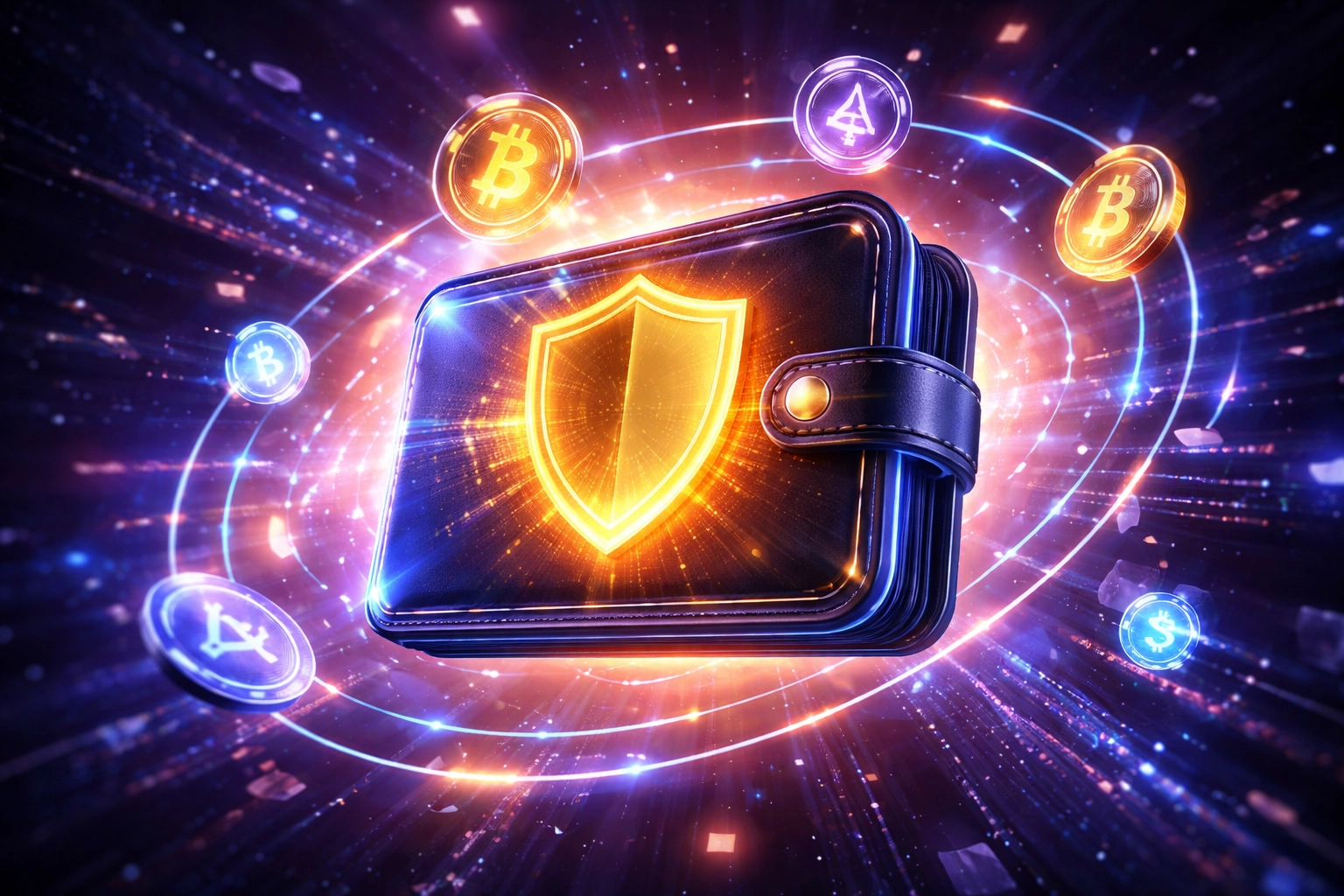 Futuristic digital wallet symbolizing self-custody and secure Web3 global payments with blockchain security.