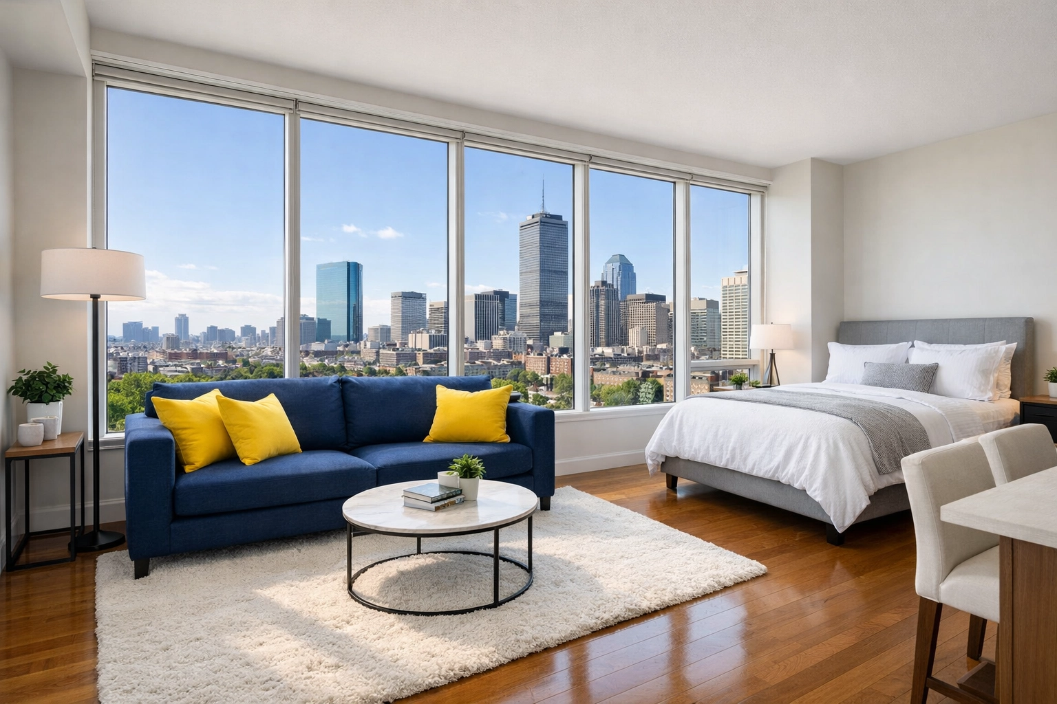 Modern organized studio apartment living room showing results of professional Apartment Cleaning Boston.