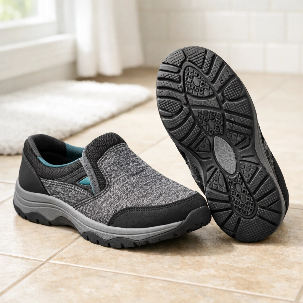 Supportive indoor shoes with non-slip rubber soles on bathroom tile for fall prevention