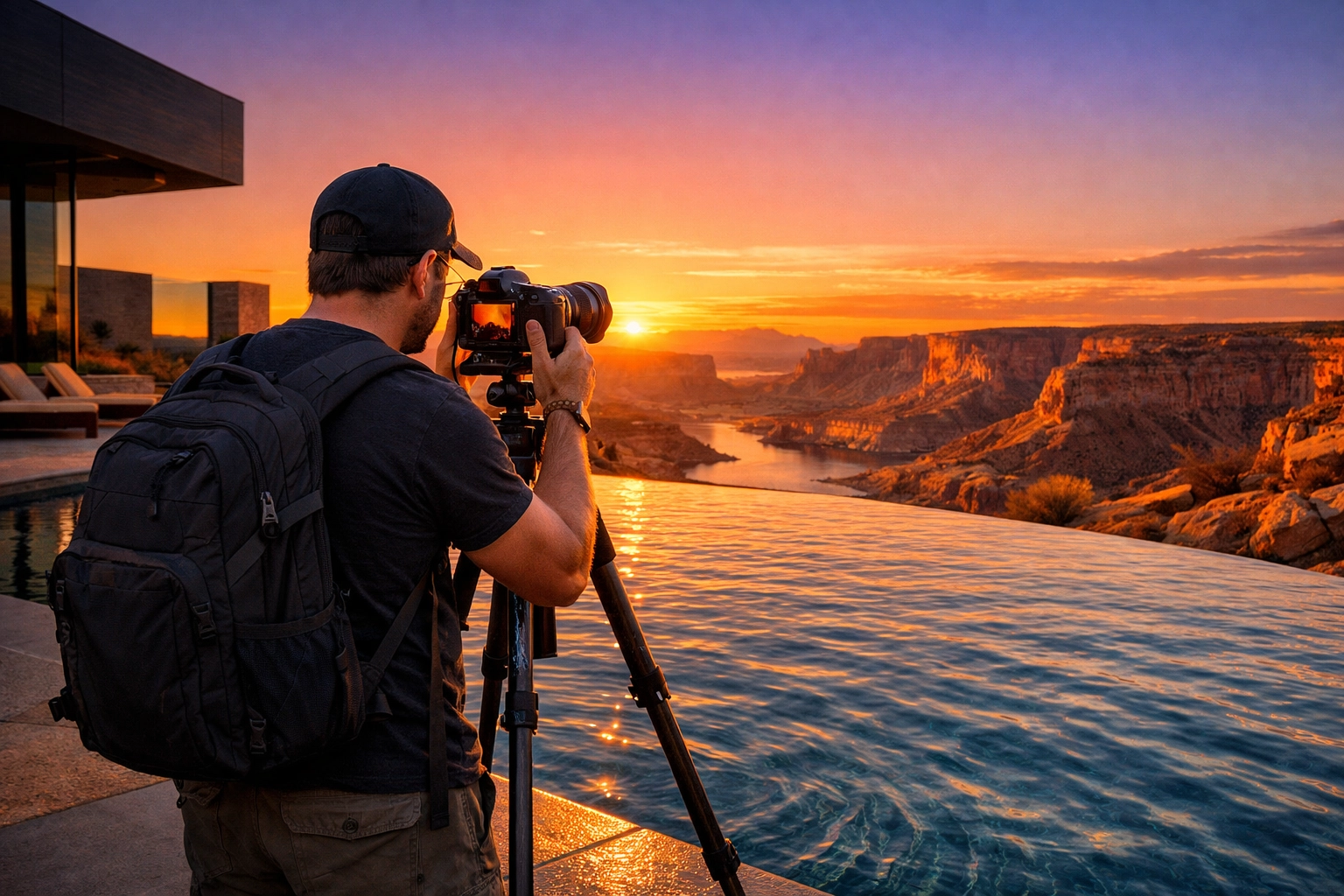 Professional photographer using a tripod for landscape photography at a luxury estate during golden hour.