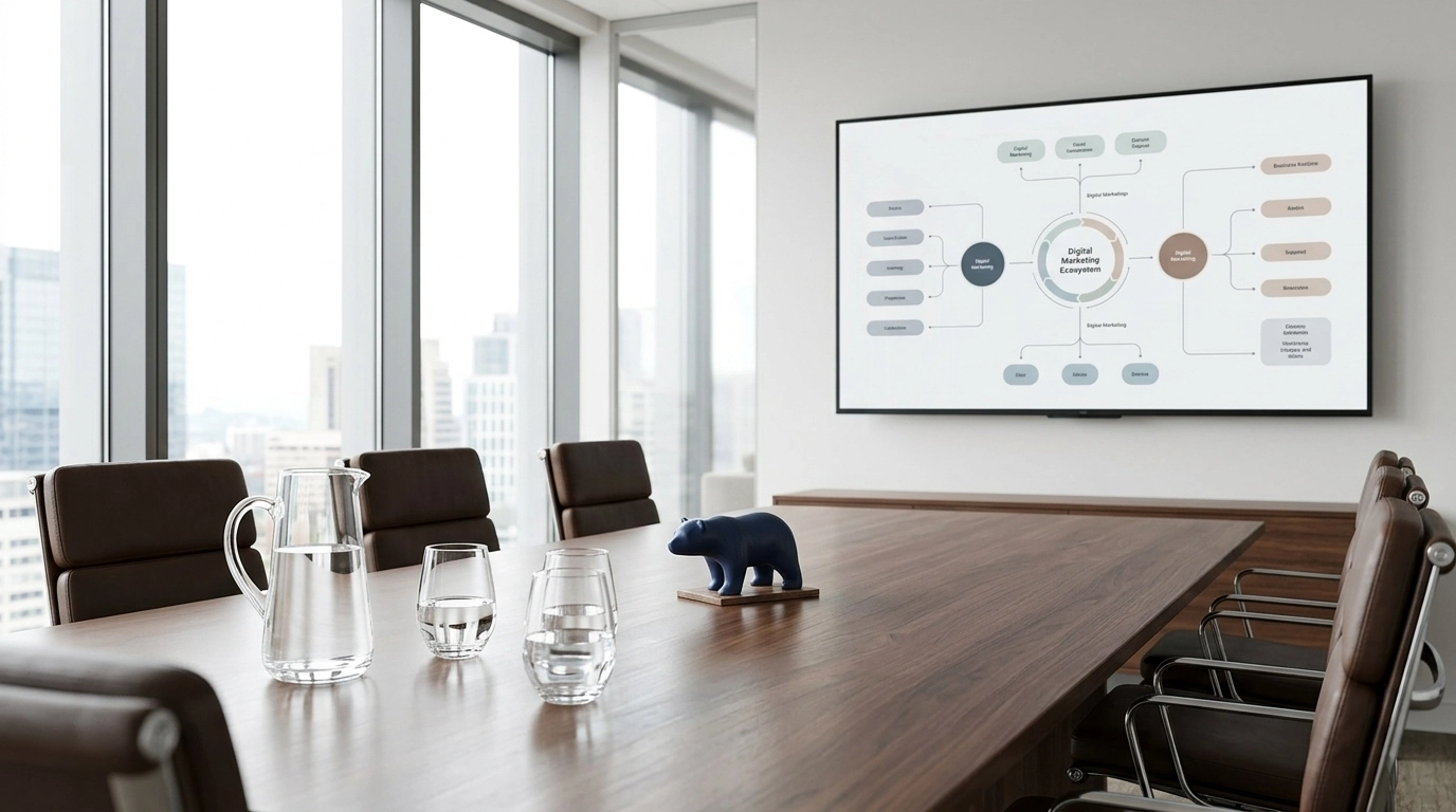 Modern meeting room with a marketing ecosystem diagram on the screen and a navy bear sculpture