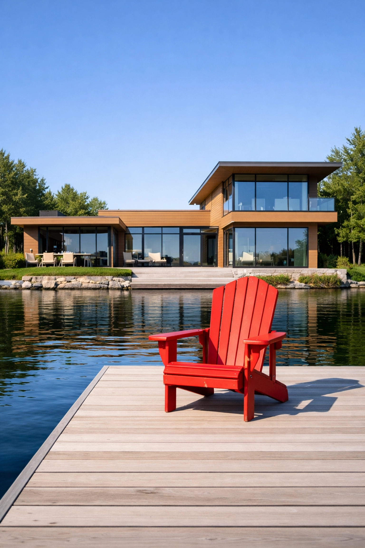 A modern lakefront home in the Kawarthas demonstrating proper vegetation management and property protection.