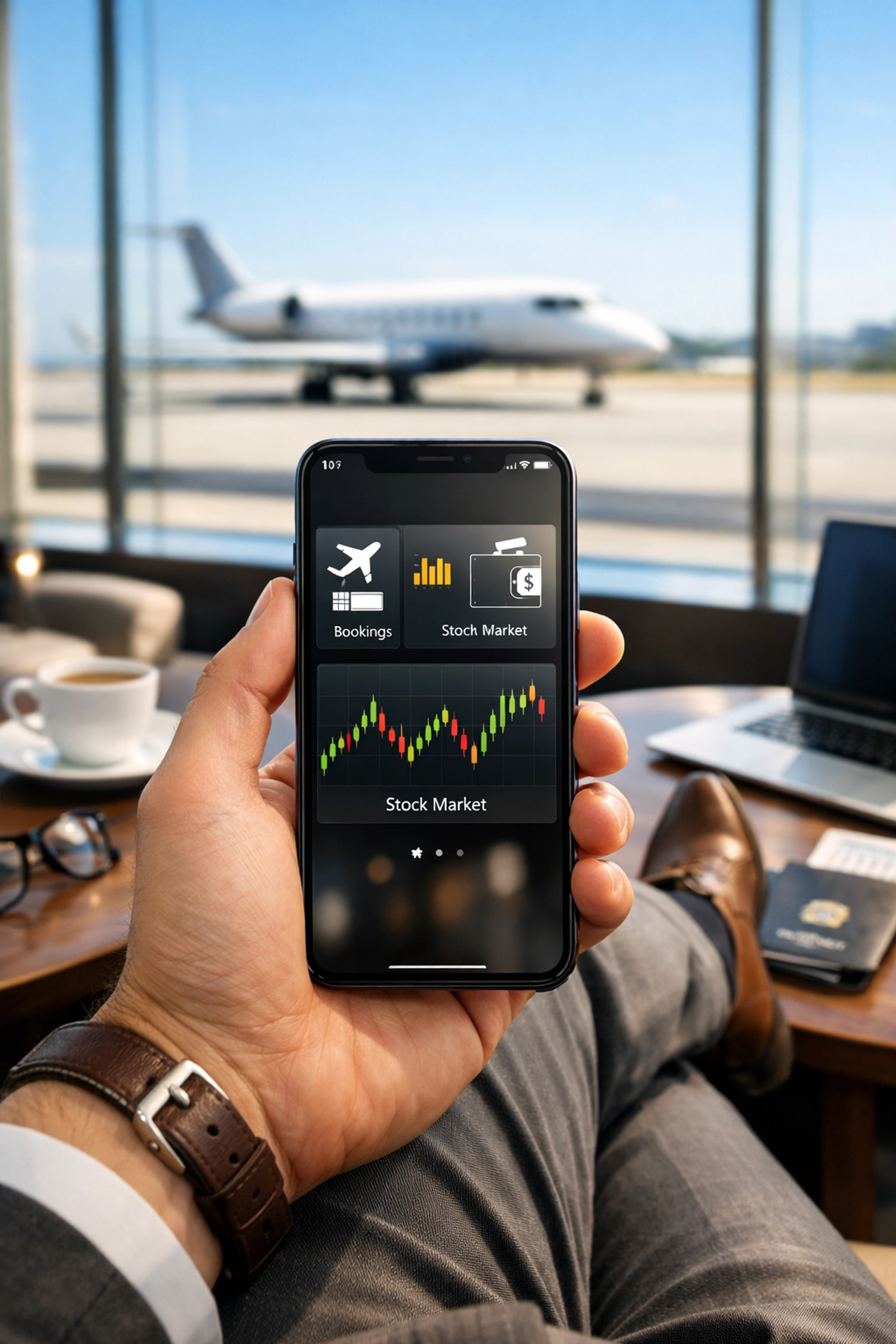 A person using a mobile banking app in an airport lounge, highlighting seamless digital user experience.