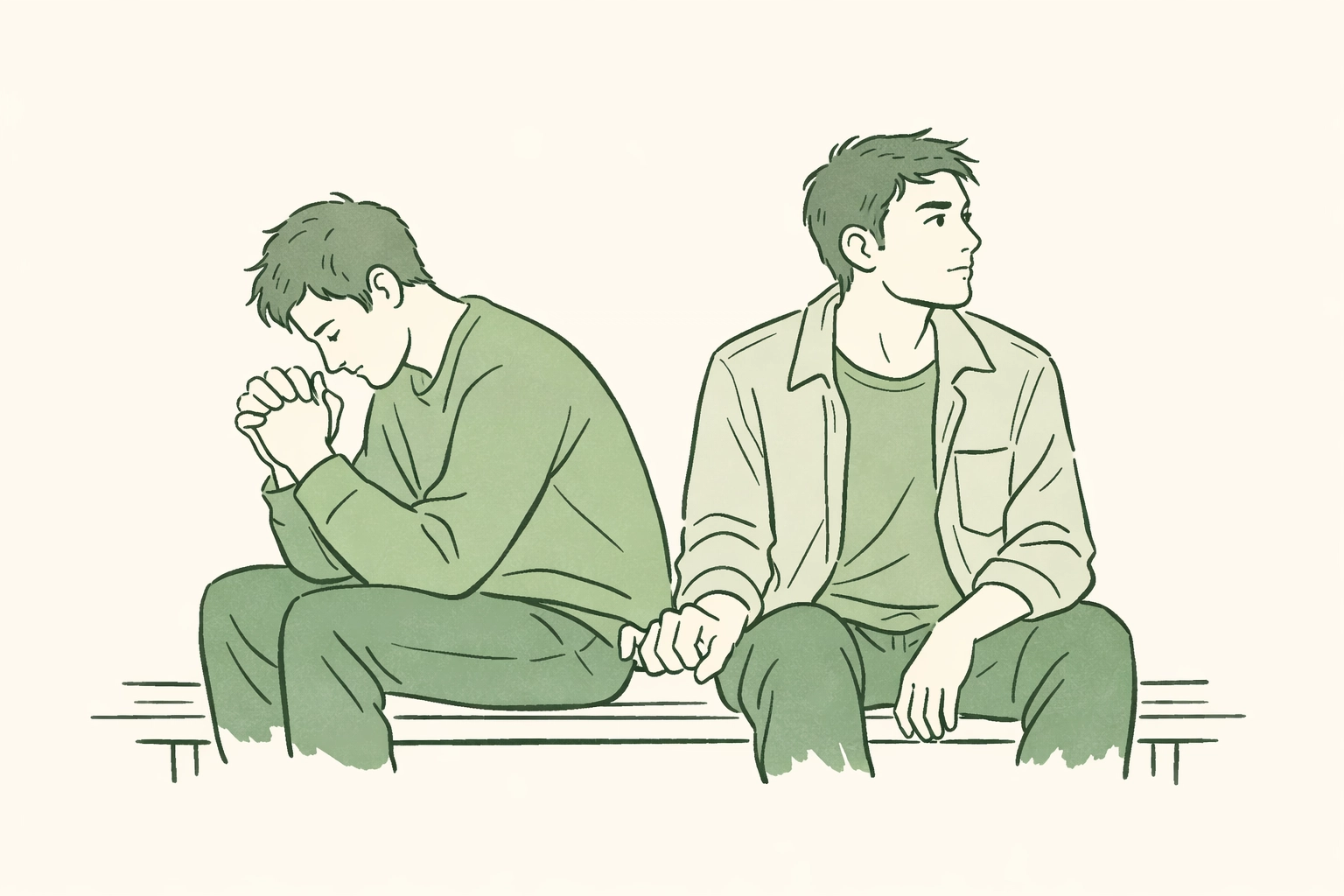 Gay couple on a bench illustrating the internal struggle between faith and doubt in an MM romance story.
