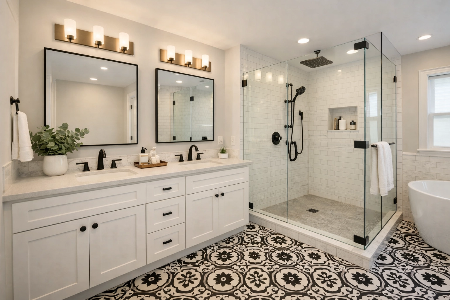 Beautifully finished bathroom remodel in Philadelphia with double vanity and walk-in shower.